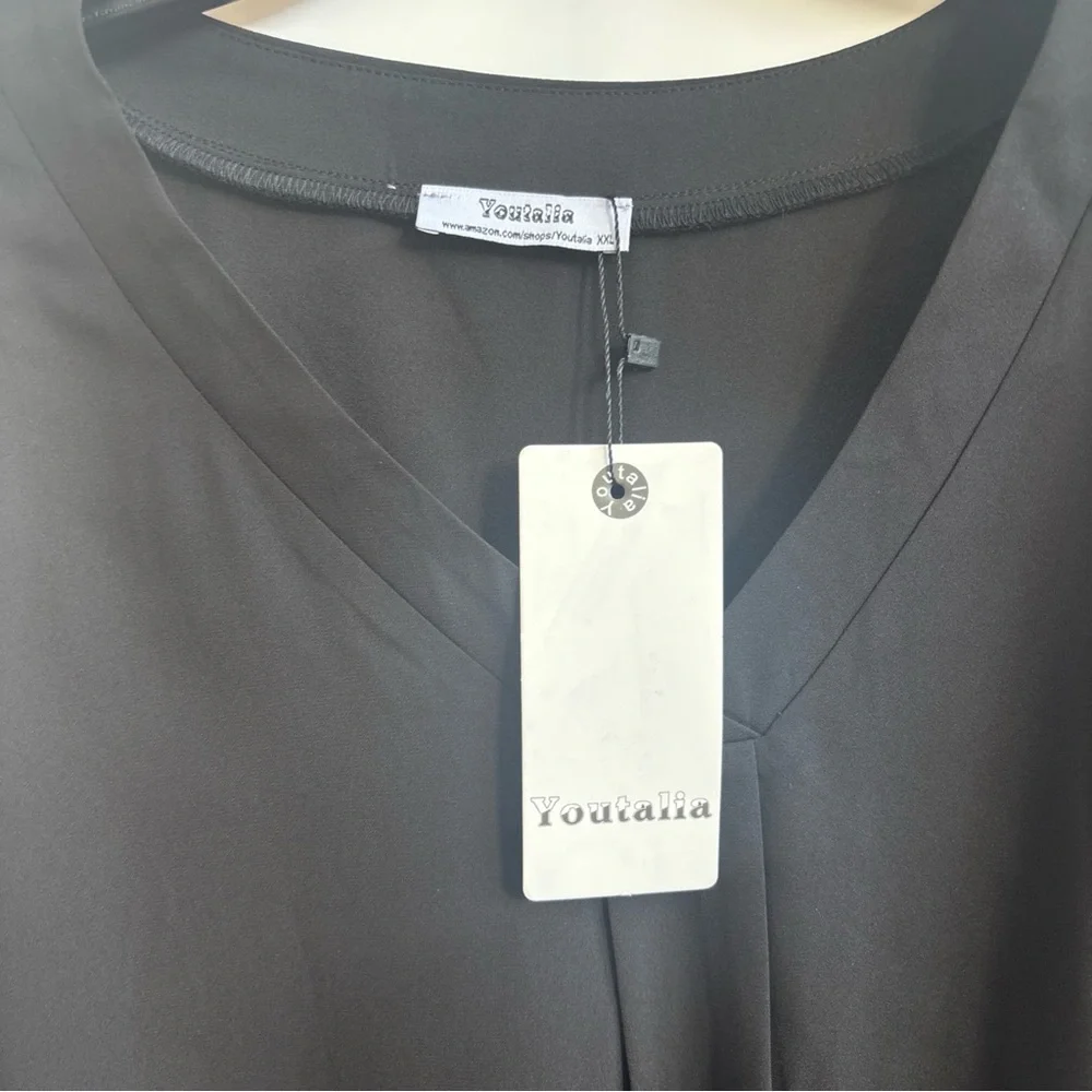 Youtalia Dressy Casual 3/4 Sleeve V Neck Chiffon Shirt Work Blouses, Black, XXL - Picture 6 of 8